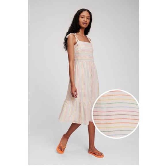 GAP white multicolored stripe midi dress with wide ruffle hem tie straps medium - Picture 1 of 10